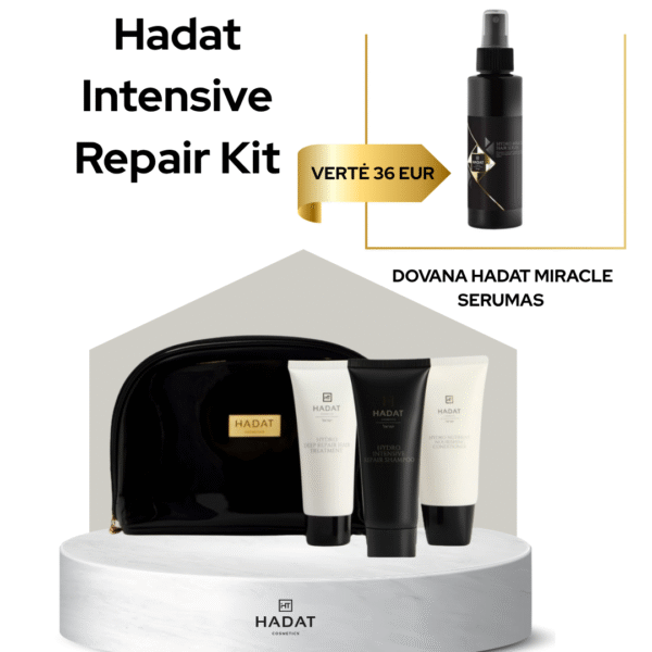 Hadat Intensive Repair Kit promotion featuring a gift serum with a gold price tag (36 EUR) and a Hadat cosmetics set on a pedestal.