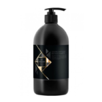 Black pump bottle of hydro intensive repair shampoo with a black label and gold geometric design (Hadat brand)