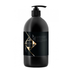 Black pump bottle of hydro intensive repair shampoo with a black label and gold geometric design (Hadat brand)