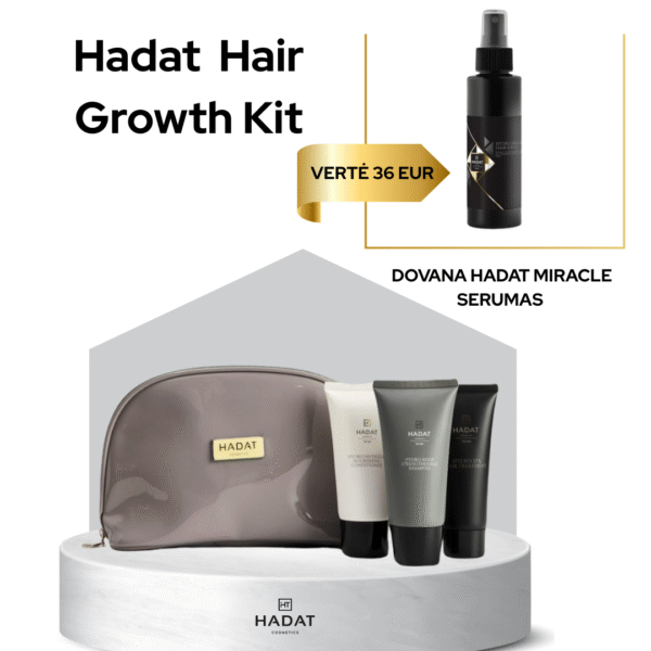 Hadat Hair Growth Kit promotion showing a black bottle with a gold ribbon, and a Hadat skincare gift set with tubes and a pouch labeled Hadat cosmetics.