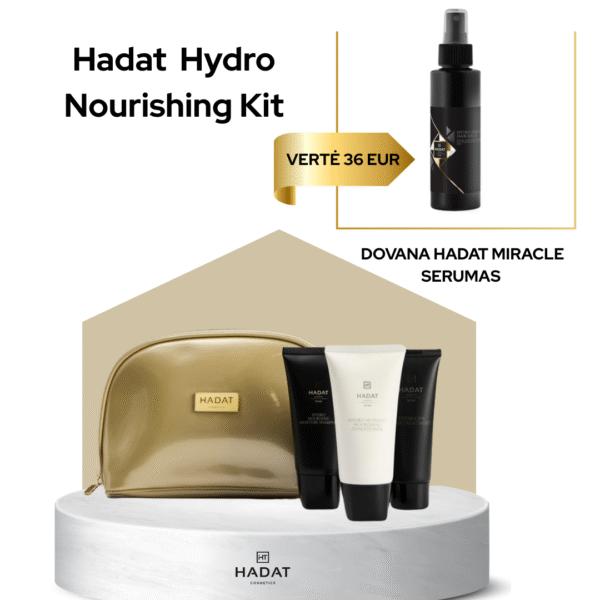 Promotional image for Hadat Hydro Nourishing Kit with a gold gift bow, price 36 EUR, and a bottle on the right.