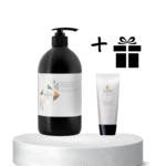 Large black pump bottle of conditioner on a white pedestal, beside a small tube and a gift icon indicating a bundle.