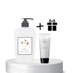 White pump bottle and a white tube of Hadat Hydra Deep Repair Hair Treatment on a pedestal, with a plus sign and a gift icon suggesting a free gift.