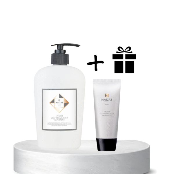 White pump bottle and a white tube of Hadat Hydra Deep Repair Hair Treatment on a pedestal, with a plus sign and a gift icon suggesting a free gift.