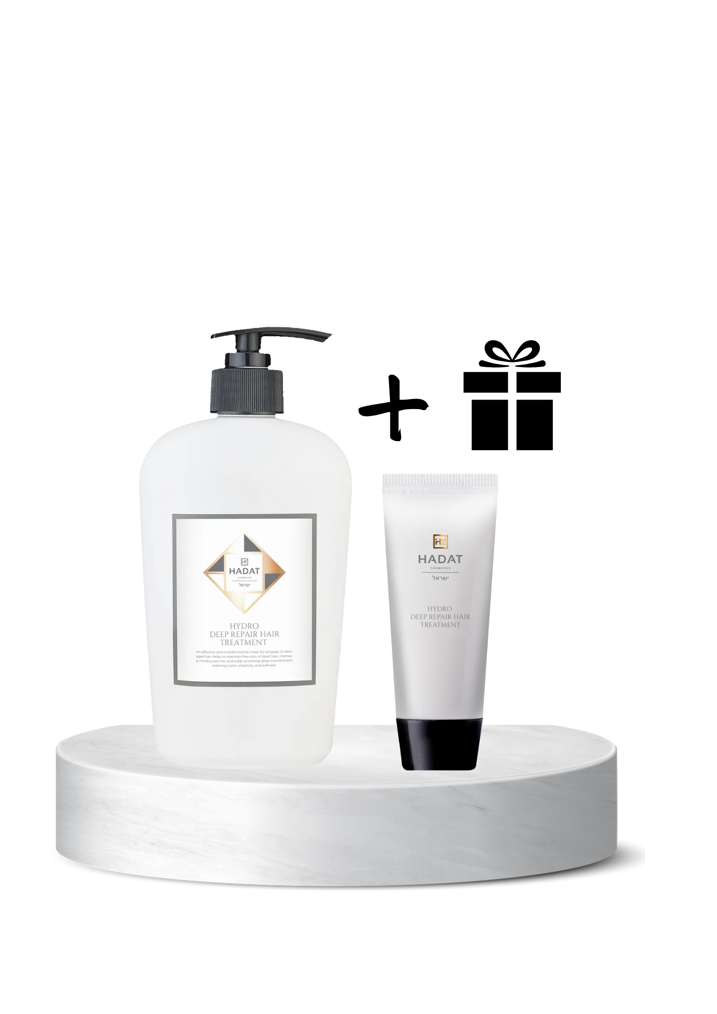 golden glow pdf-2 - shopcosmoprof.com White pump bottle and a white tube of Hadat Hydra Deep Repair Hair Treatment on a pedestal, with a plus sign and a gift icon suggesting a free gift.