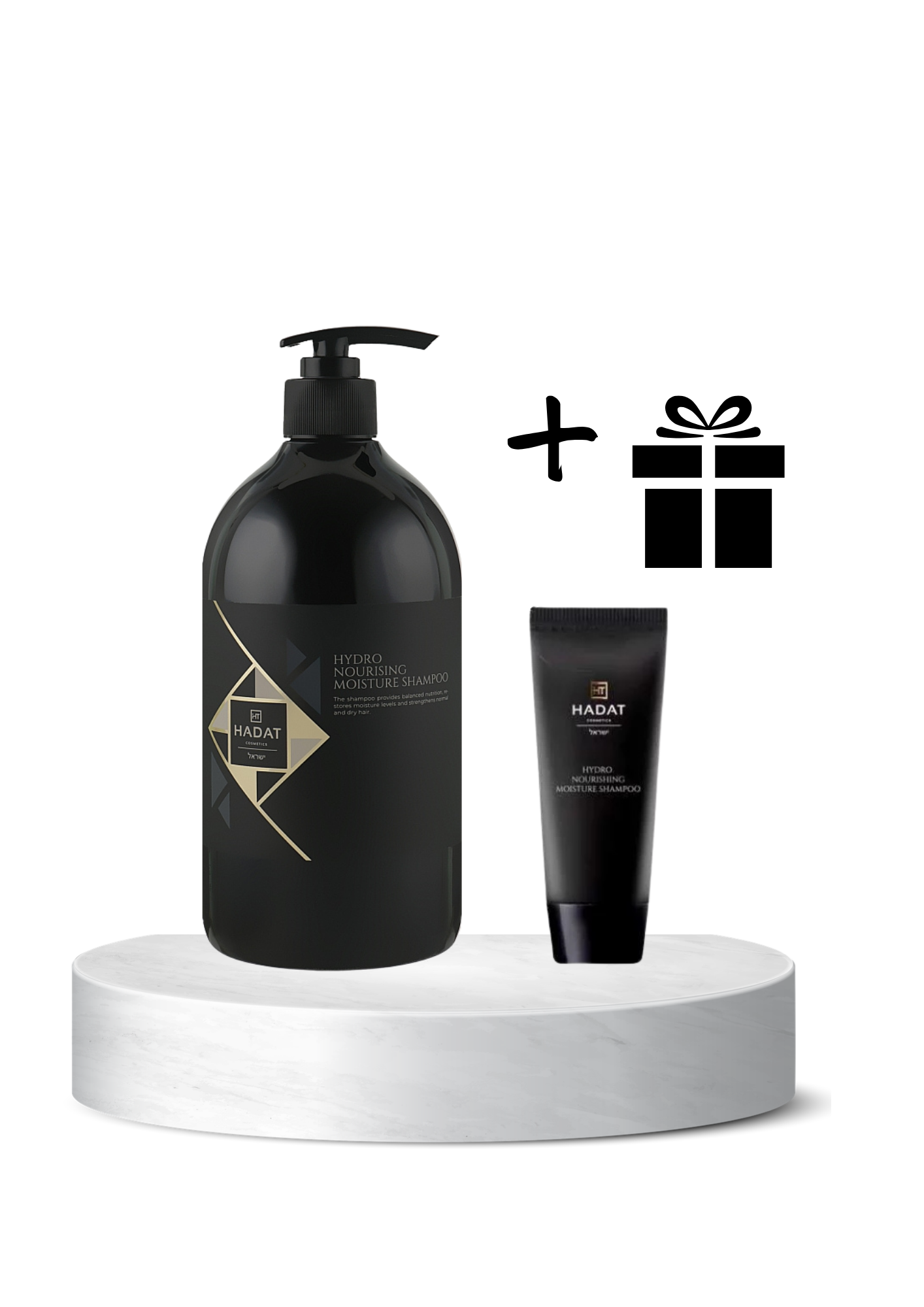 golden glow pdf-2 - shopcosmoprof.com Hydro Nourishing Moisture Shampoo bottle with pump beside a smaller tube and a gift icon on a white pedestal, against a white background.