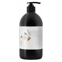 hadat-cosmetics-hydro-nutrient-nourishing-conditioner-maitinamasis-kondicionierius-800-ml-1200x1200-1_1200xpng - shopcosmoprof.com Black pump bottle of Hadat conditioner with a white geometric label, a hair care product.