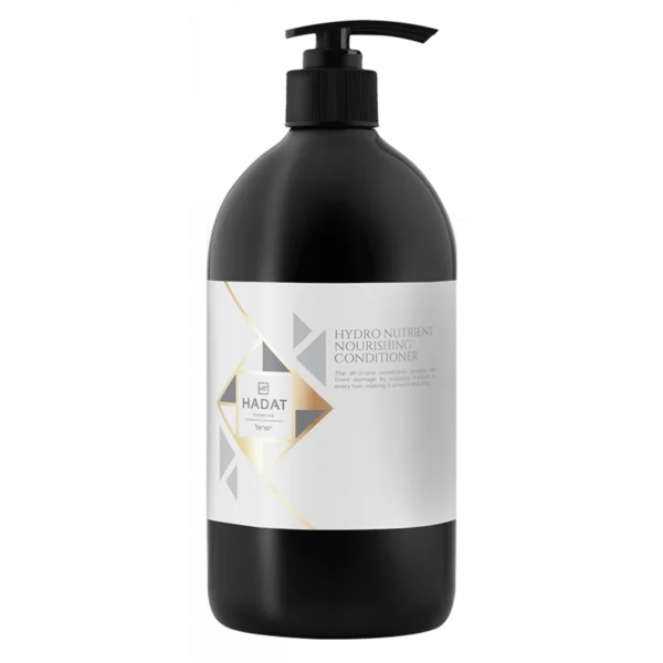 Black pump bottle of Hadat conditioner with a white geometric label, a hair care product.