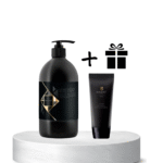 Two dark cosmetic containers (pump bottle and tube) sit on a white pedestal, with a gift icon to the right suggesting a free gift.