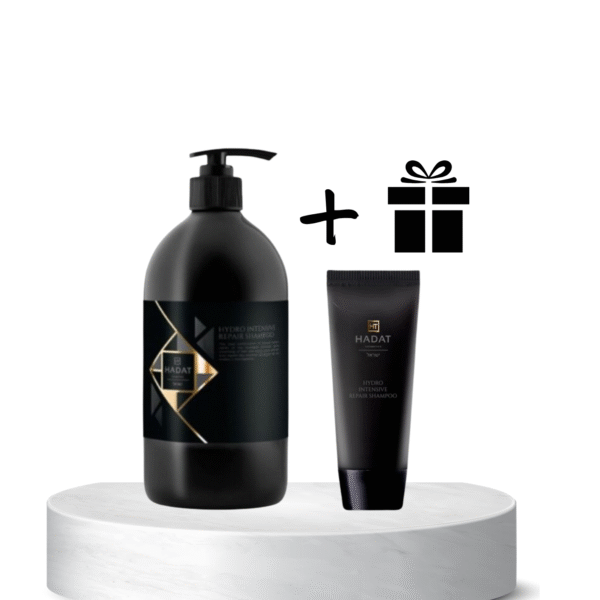 Two dark cosmetic containers (pump bottle and tube) sit on a white pedestal, with a gift icon to the right suggesting a free gift.