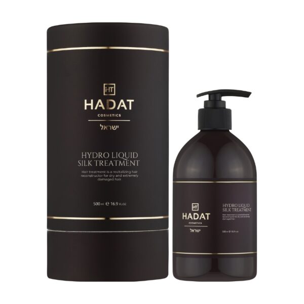 Dark brown Hadat cosmetics Hydro Liquid Silk Treatment bottle with matching cylindrical box and gold trim; pump bottle and label visible (500 ml).
