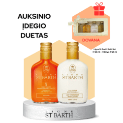 Two Ligne St Barth bottles (orange and white) on a marble pedestal, with peach geometric shapes and a 'DOVANA' gift-box motif in the background.