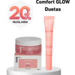 Promo image for Rare Paris cosmetics: 20% discount badge with Nuolaida, pink skincare products on a white pedestal.