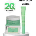 Promotional image for Rare Paris Fresh Glow Duetas: green skincare jar and lip balm on a white pedestal with a 20% discount badge and 'NUOLAIDA' text.