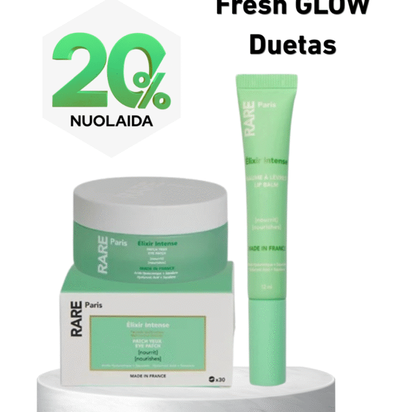 Promotional image for Rare Paris Fresh Glow Duetas: green skincare jar and lip balm on a white pedestal with a 20% discount badge and 'NUOLAIDA' text.