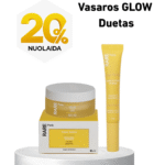 Promo for Vasaros GLOW Duetas: 20% discount on Rare Paris yellow skincare set on a marble pedestal