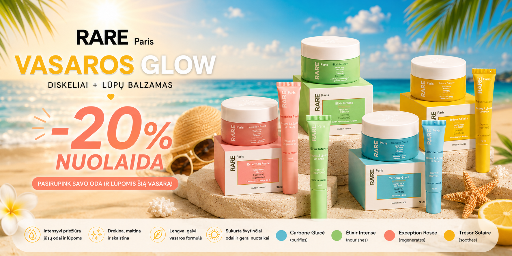 Bright beach scene advertising RARE Paris Vasaros Glow skincare set; multiple colorful jars and tubes displayed on sand with 20% off banner and sunset sun.