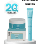 Promotional image for Detox Glow Duetas: Rare Paris skincare set with 20% discount badge on left and blue tubes/jars on a white pedestal.