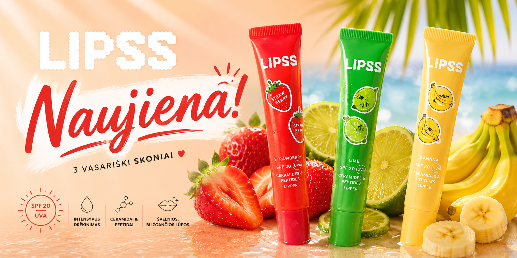 Advertising image for Lipss lip balms with strawberry, lime, and banana flavors on a sunny beach; SPF 20 UV, moisture and ceramides implied.