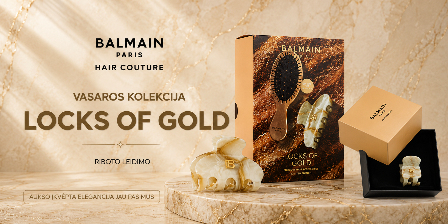 61a1fc5b-fa7f-46f6-a63f-06726c20c8aa - shopcosmoprof.com Balmain Paris Hair Couture promo for the Locks of Gold collection, with gold packaging, a hair accessory box, and a gold-toned elephant sculpture on a marble surface.