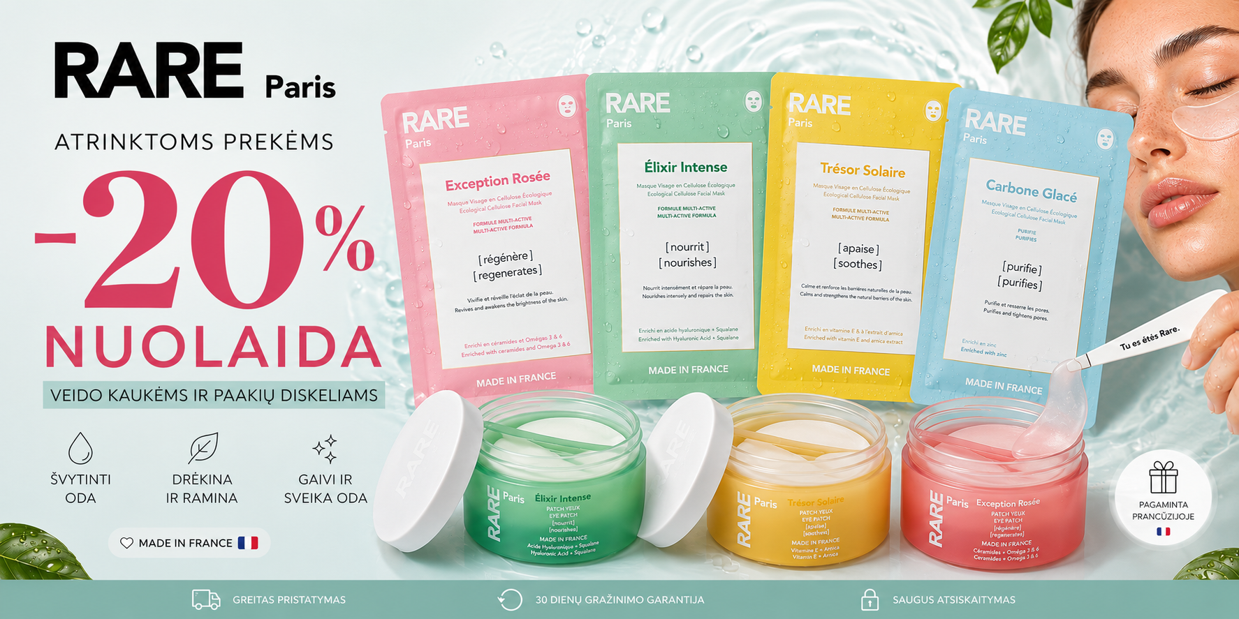 RARE Paris skincare promo banner with four colorful mask pouches and jars, featuring a -20% discount text and model on the right.