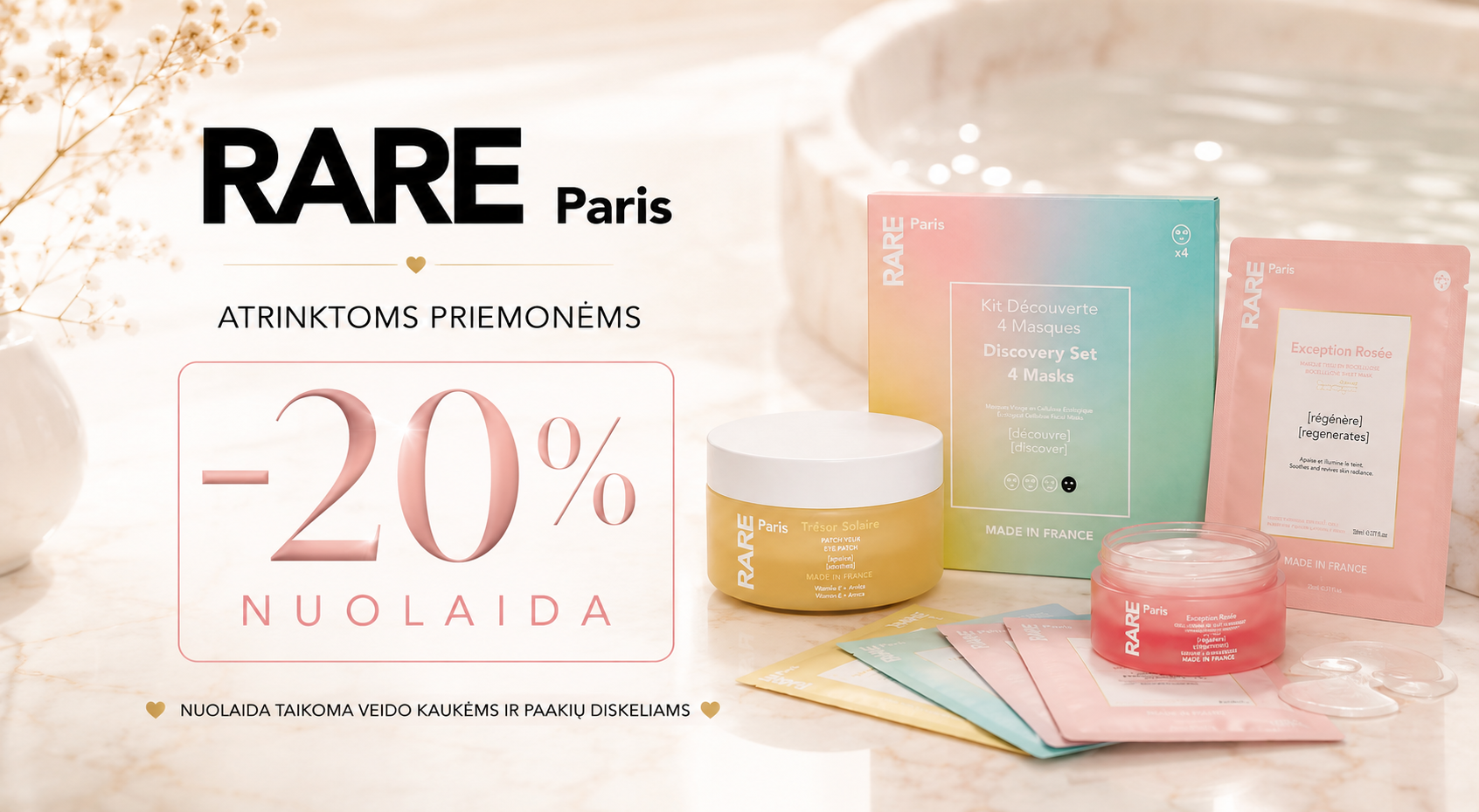 9f2cbd15-4753-46cc-a005-5c0a88dc8148 - shopcosmoprof.com RARE Paris promotional banner with a 20% Nuolaida discount and pastel skincare products arranged on a marble counter.