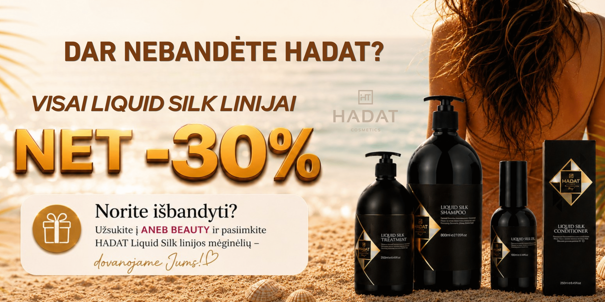 BANERIS - shopcosmoprof.com Summer-themed HADAT cosmetics banner advertising 30% off the Liquid Silk line with several black bottle products by the beach.
