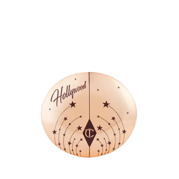 Peach-colored round balloon with 'Hollywood' script and a starry arc pattern.