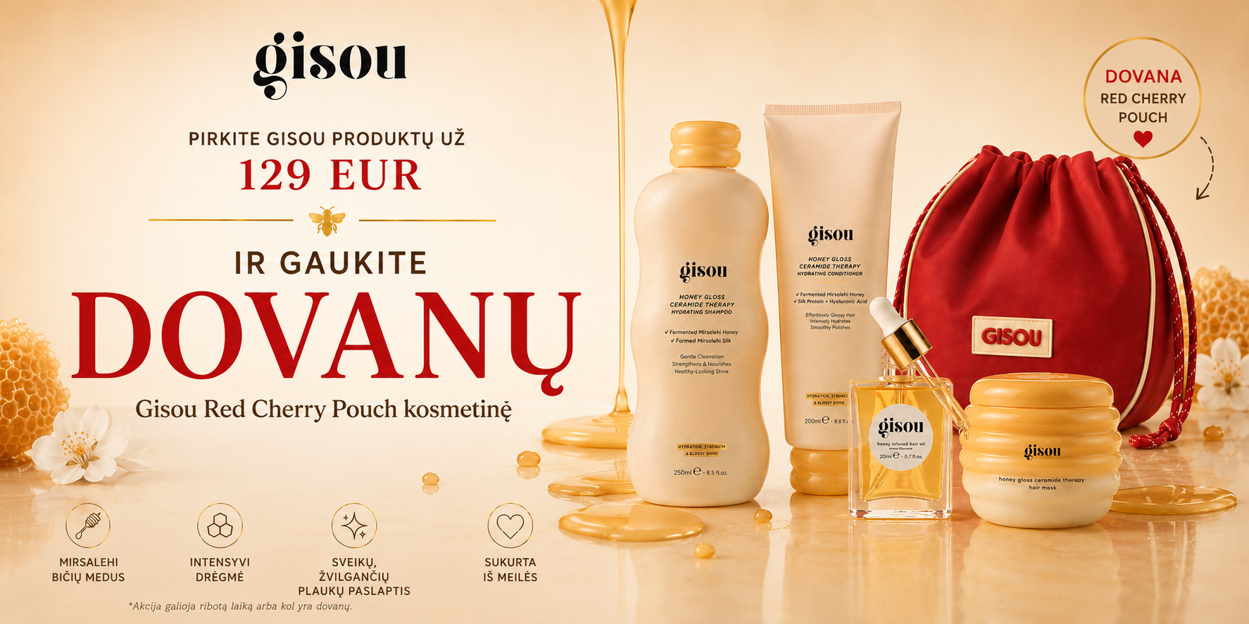 Gisou baneris - shopcosmoprof.com Advertising banner for Gisou cosmetics showing honey-based hair care bottles and a red cherry gift pouch on the right side.