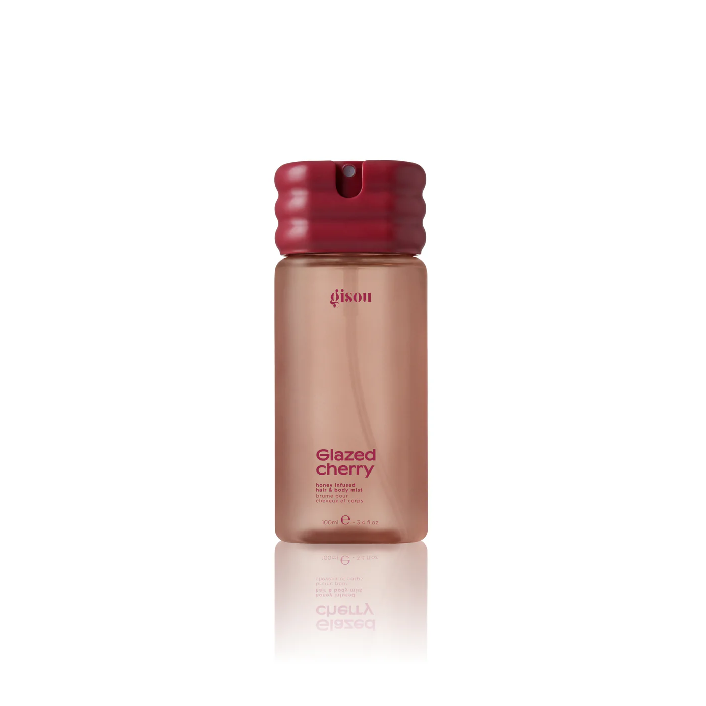 PDP_DTC_BODY_MIST_CHERRY_01jpg - shopcosmoprof.com Gisou Glazed Cherry hair and body mist bottle with pink cap and rose-gold body.