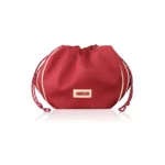 Red drawstring pouch with white piping and a GISOU logo on the front.