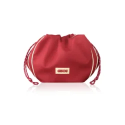 Red drawstring pouch with white piping and a GISOU logo on the front.