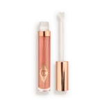 Lip gloss tube with a rose-gold cap and pink patterned container, shown with the applicator wand outside the tube in a neutral background.