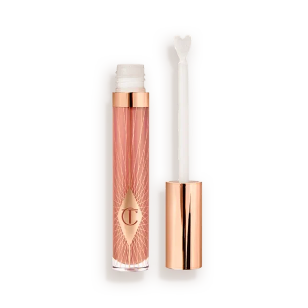 Lip gloss tube with a rose-gold cap and pink patterned container, shown with the applicator wand outside the tube in a neutral background.