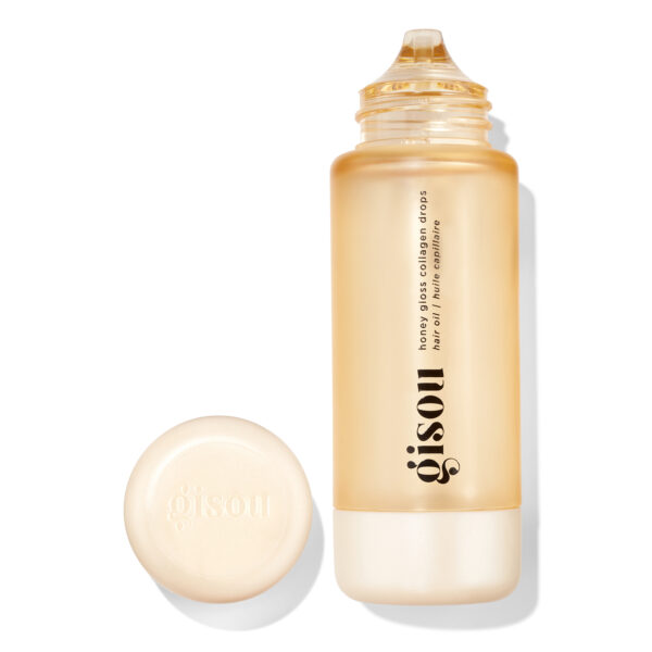 Beige cosmetic bottle with a dropper top and separate cap, labeled gloss collagen drops hair oil against a white background