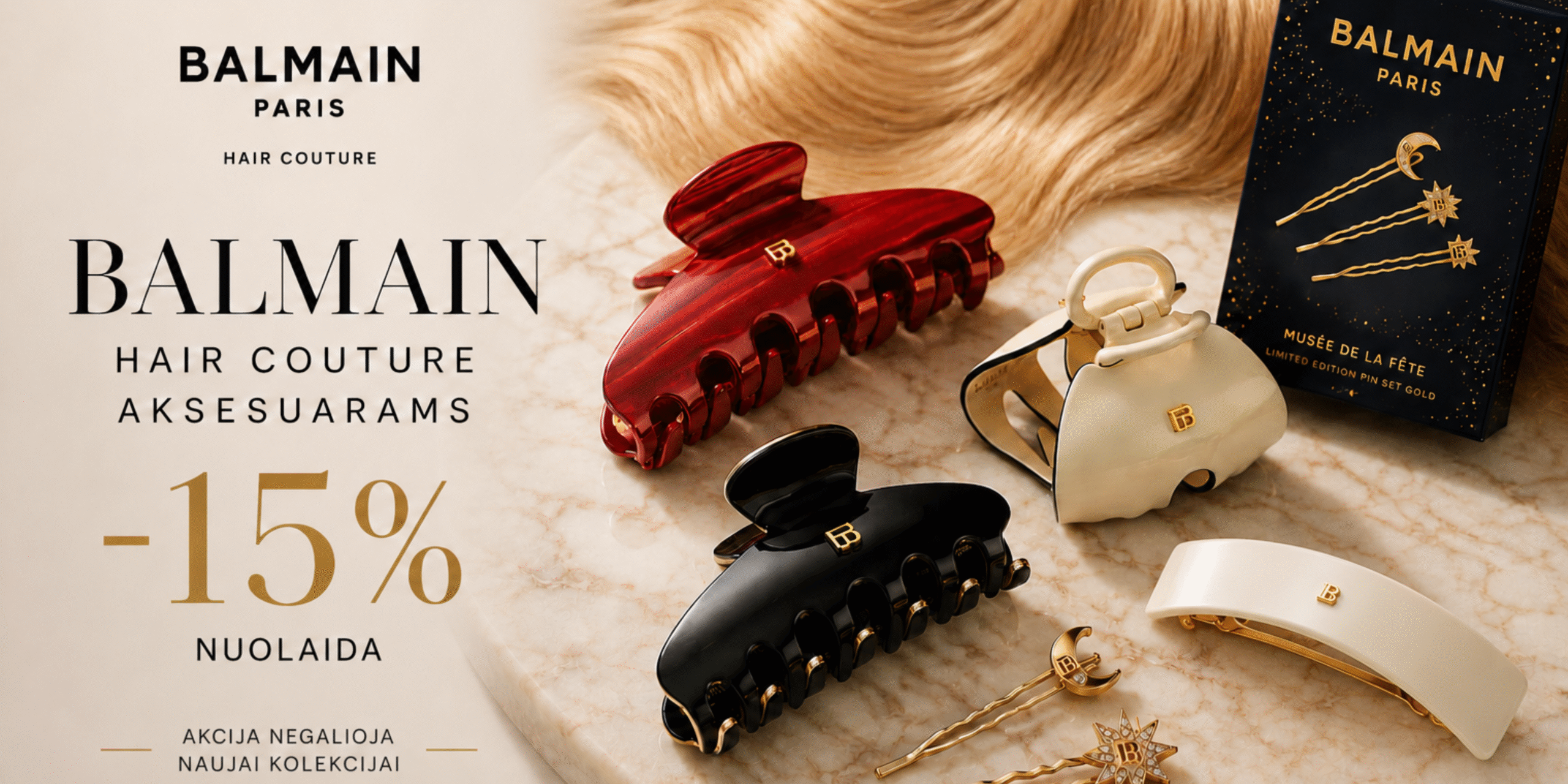 Balmain Paris hair couture promo showing luxury hair clips and accessories on a marble surface with a 15% discount offer.