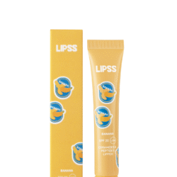 Lipss banana lip balm tube next to its yellow box on a white background, packaging features banana graphics and SPF label