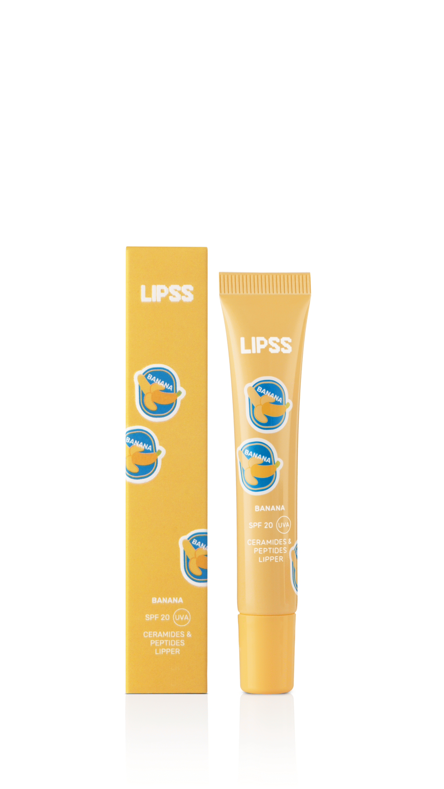 banana_10_9х16 - shopcosmoprof.com Lipss banana lip balm tube next to its yellow box on a white background, packaging features banana graphics and SPF label