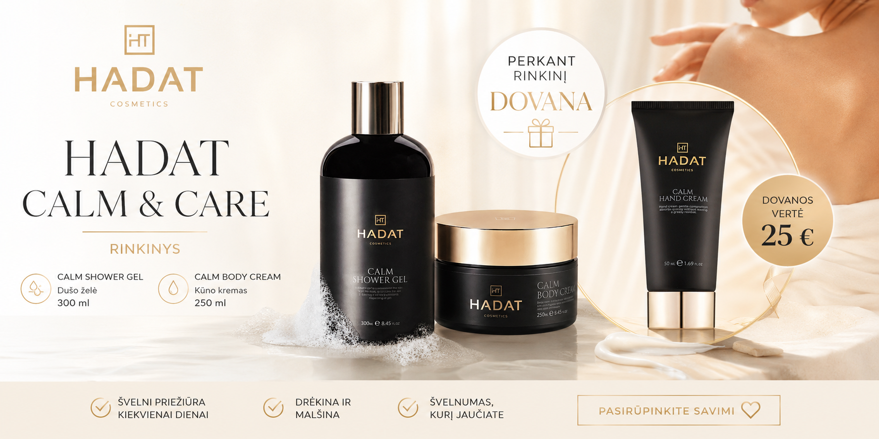 calm care - shopcosmoprof.com Hadat cosmetics banner showing black and gold skincare products (Calm Shower Gel, Calm Body Cream, Calm Hand Cream) with a gift offer circle and 25€ price tag, light beige background.