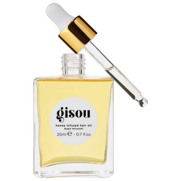 Glass bottle of GISOU honey-infused hair oil with a white dropper and gold cap, against a white background, showing pale yellow oil inside (20 ml).
