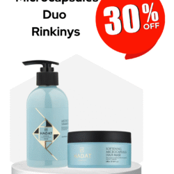 Promotional image for Hadat Cosmetics showing blue pump shampoo and matching jar on a white pedestal with a large red 30% off badge in the corner