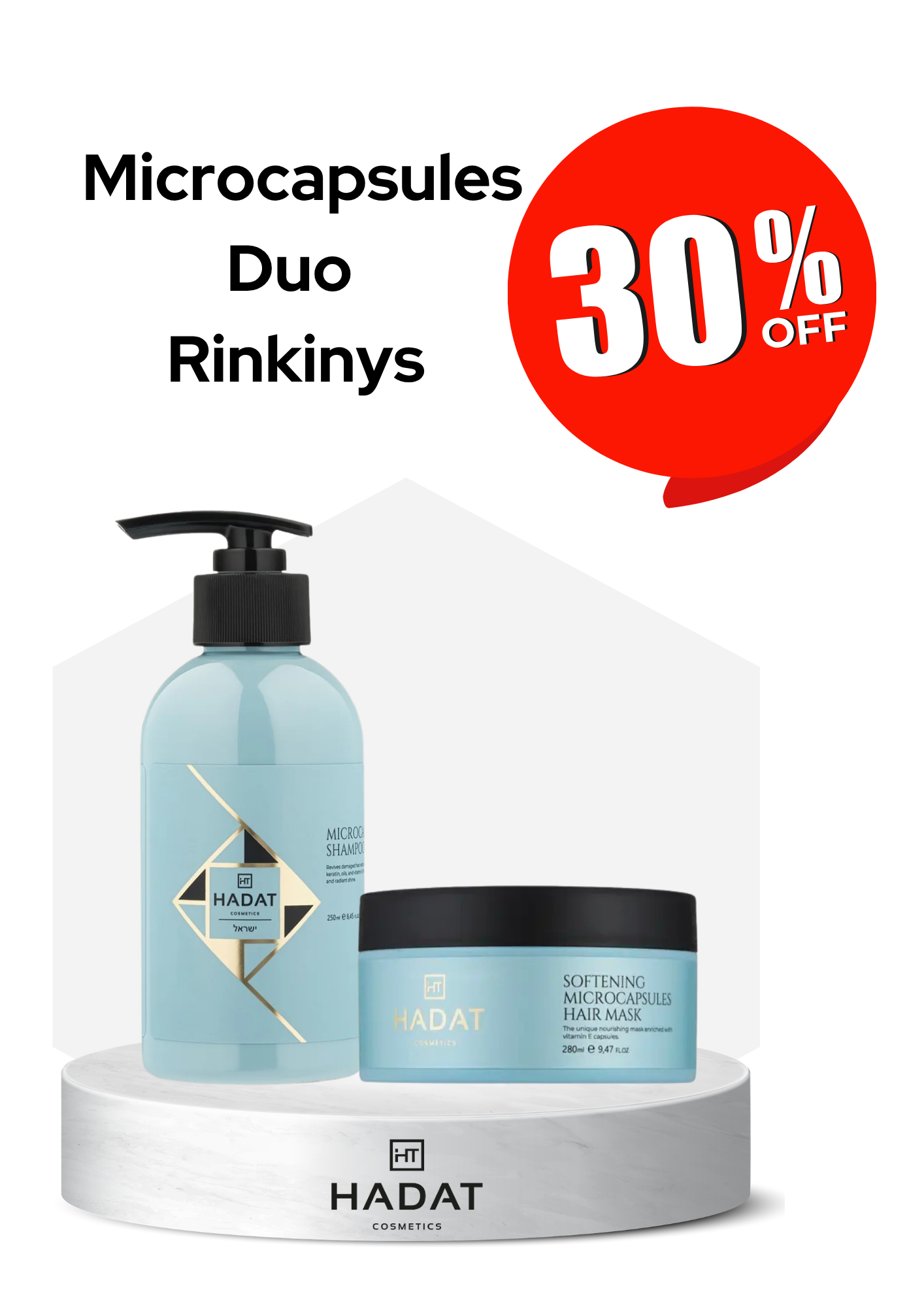 golden glow - shopcosmoprof.com Promotional image for Hadat Cosmetics showing blue pump shampoo and matching jar on a white pedestal with a large red 30% off badge in the corner