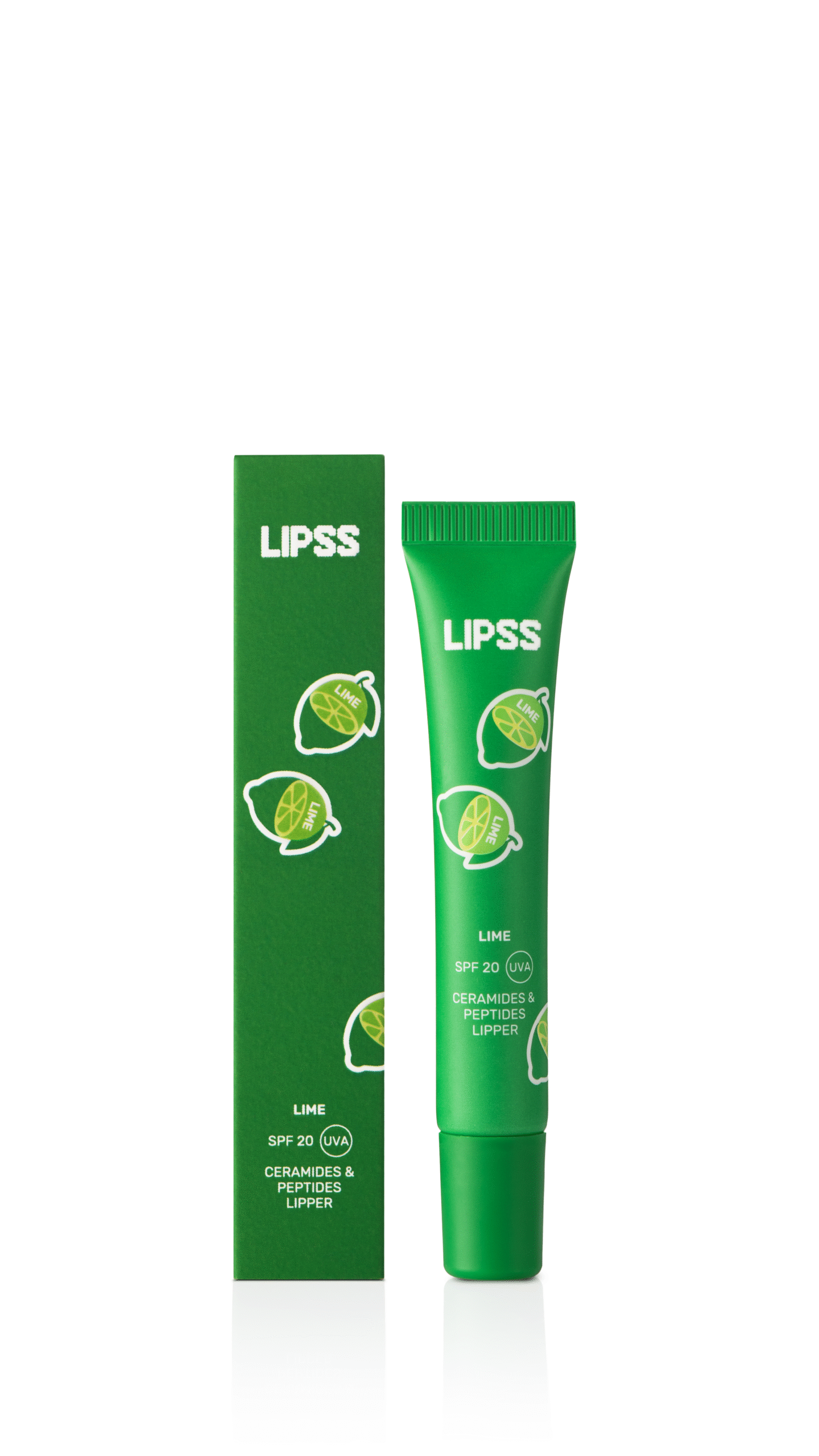 lime_10_9х16 - shopcosmoprof.com Green Lipss Lime lip balm tube beside a matching green box with lime graphics and white Lipss branding.
