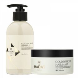 shampundljaokrashennyhvoloshadatgoldenhourshampoo250ml6-800x800 - shopcosmoprof.com Hadat Golden Hour Shampoo bottle with pump and a tub of Golden Hour Hair Mask on a white background.