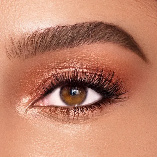 Close-up of a brown eye with copper shimmery eyeshadow, long lashes, and a groomed eyebrow.