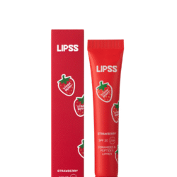 Red LIPSS strawberry lip balm tube beside its red box, both with strawberry graphics and white branding.