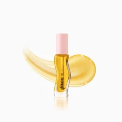 03_HILO__HoneyGold_PG_SECONDARY_PACKSHOTjpg - shopcosmoprof.com Bottle of golden facial oil with pink cap and a swipe of oil in the background, facing forward as a cosmetic product photo.