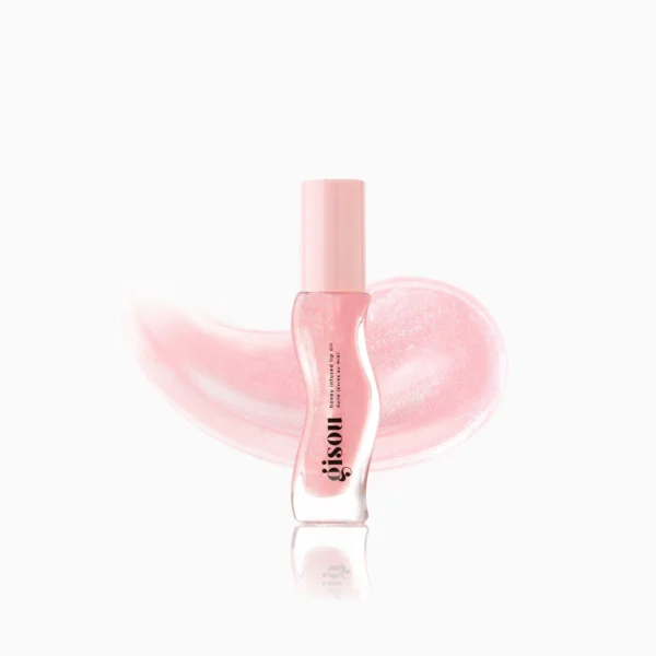 Pink nail polish bottle with a pale pink cap and a glossy swatch sweeping behind it on a white background.