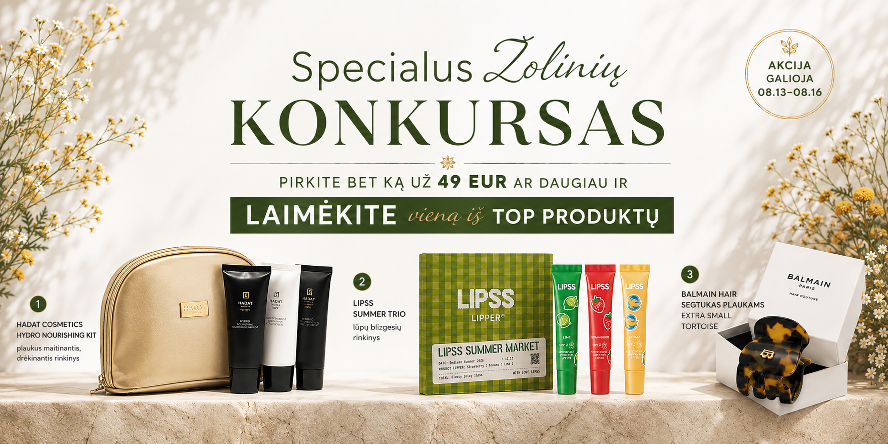 0febcc70-259f-4a96-88e4-13ca182d173c - shopcosmoprof.com Promotional banner for a Zolinų specialus konkursas with cosmetic gift sets (Hadat Hydro Nourishing Kit, Lipss Summer Trio, Lipss Summer Market, Balmain accessories) on a marble surface with dried flowers in the background.