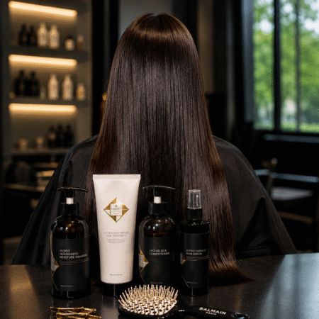 38f9ac86-9f23-4c92-9688-6e7cebef15a9 - shopcosmoprof.com Person with long, straight dark hair facing away at a salon station, with four hair care bottles and a brush on the counter in front of them.